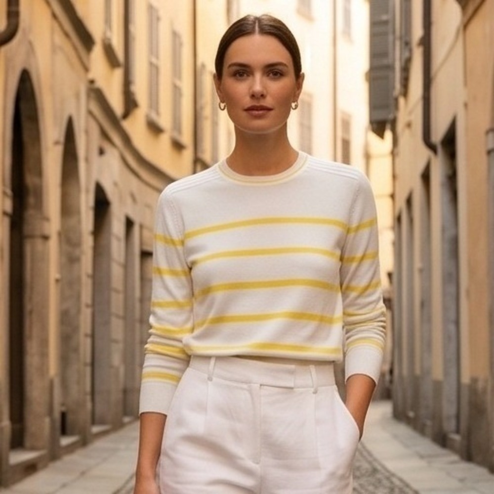 La Ligne L Mini Marina Sweater Womens Large Yellow White Stripe Cotton Knit